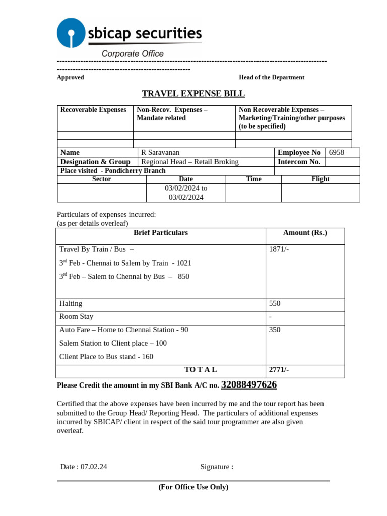 Travel Expense Bill Submission | PDF