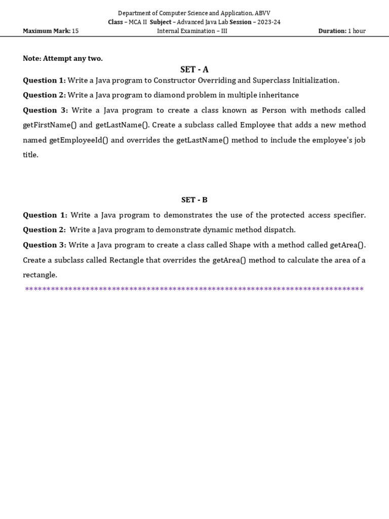 Advanced Java Lab Exam Questions | PDF | Method (Computer Programming ...