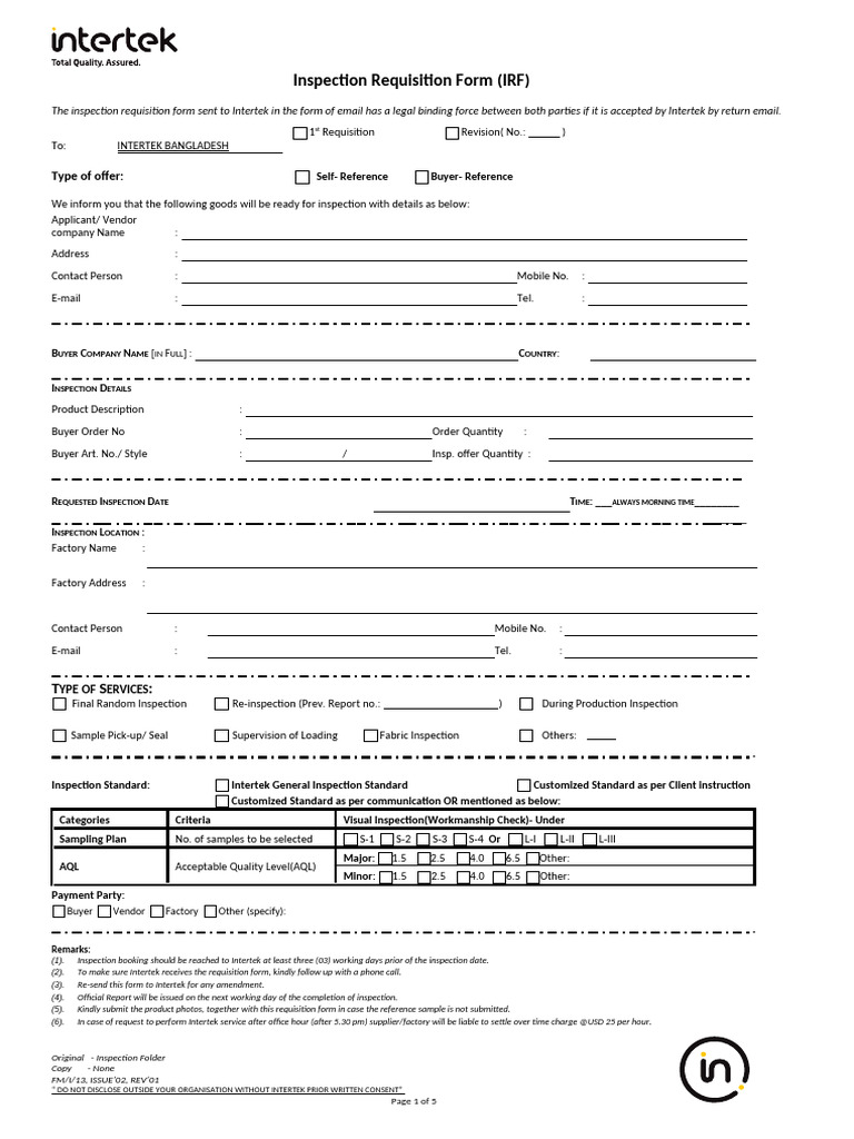 ITS-BGD-014 FM-I-13 Inspection Requistion Form 28-08-19 | PDF ...