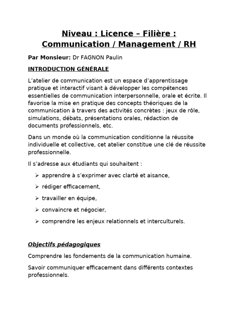 Atelier de Communication Interpersonnelle | PDF | Communication humaine ...