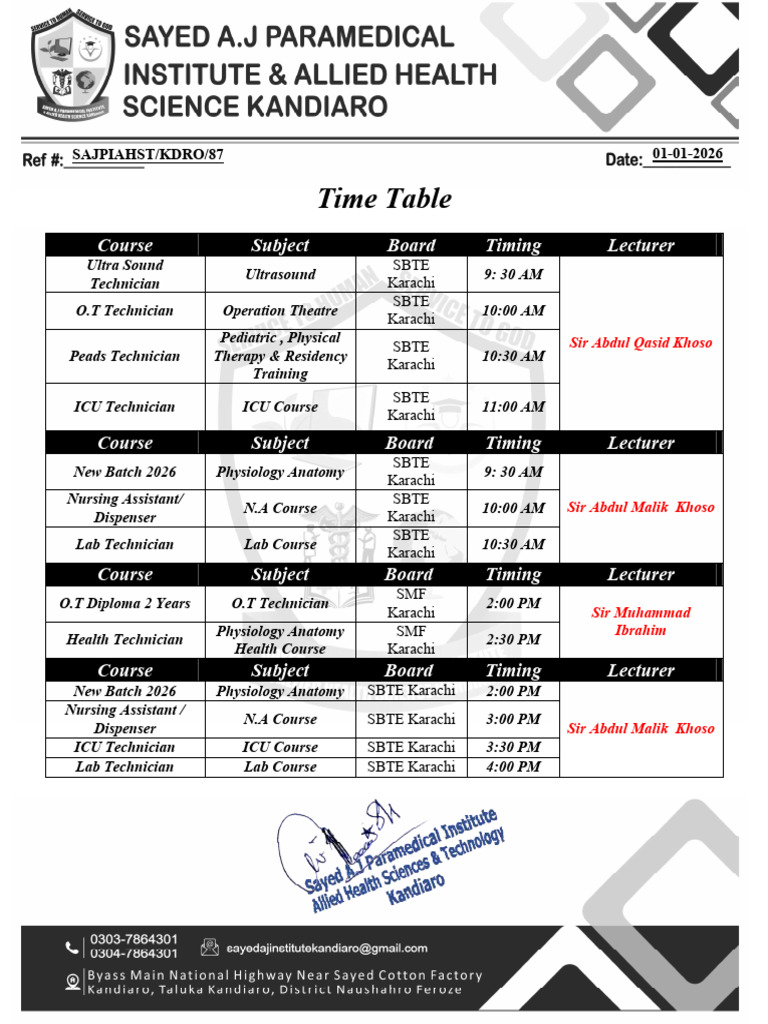 Karachi SBTE Course Timetable 2026 | PDF | Health Care | Medicine