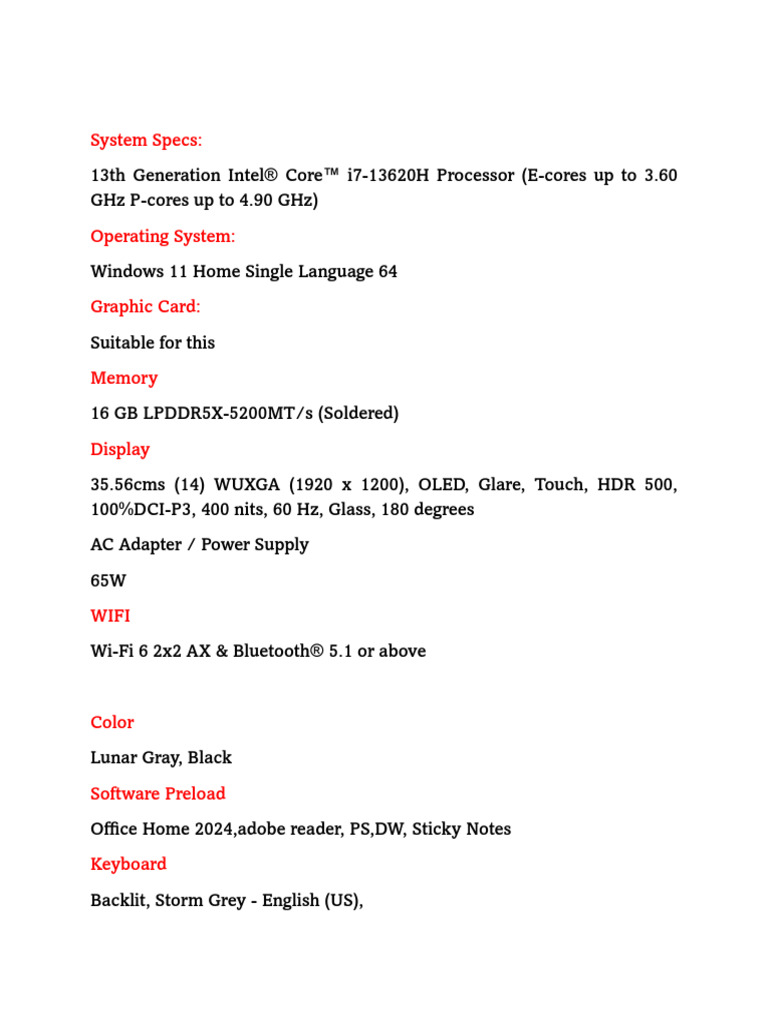 13th Gen Intel i7 Laptop Specs Overview | PDF