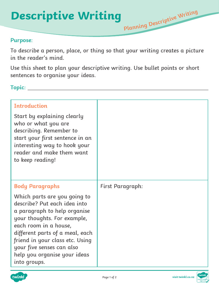 Descriptive Writing Planning Sheet | PDF