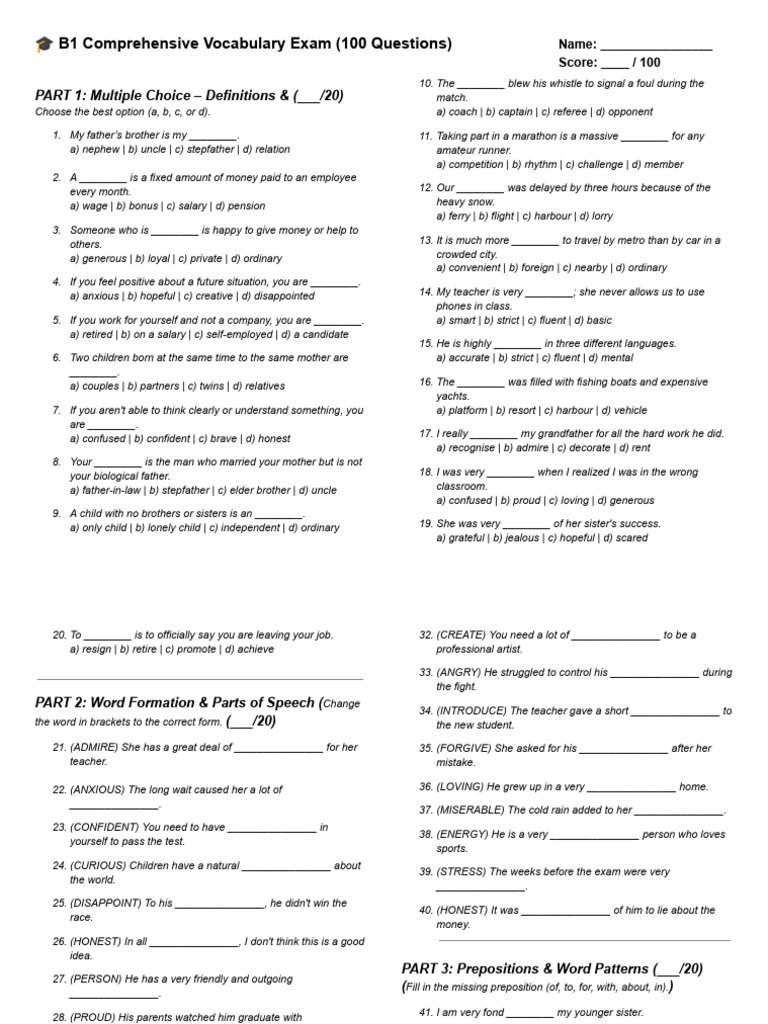 B1 Vocabulary Exam: 100 Questions | PDF | Linguistics