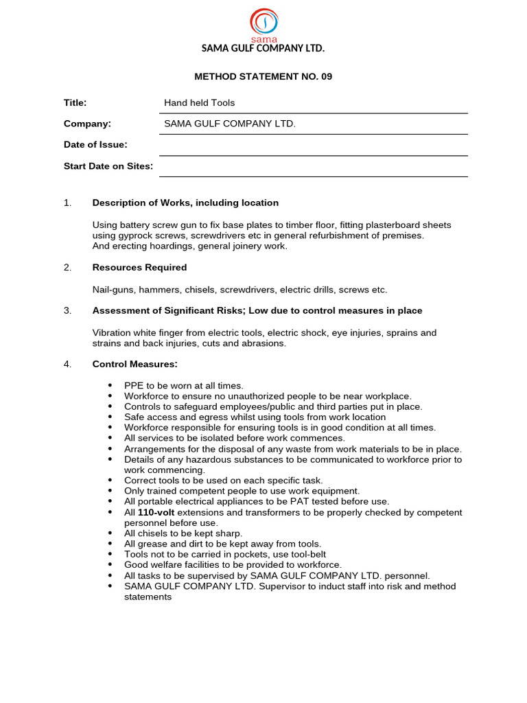 Handheld Tools Method Statement | PDF | Personal Protective Equipment ...