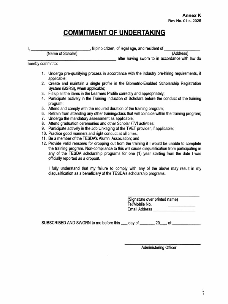 TESDA Scholarship Commitment Agreement | PDF | Chess Theory | Chess