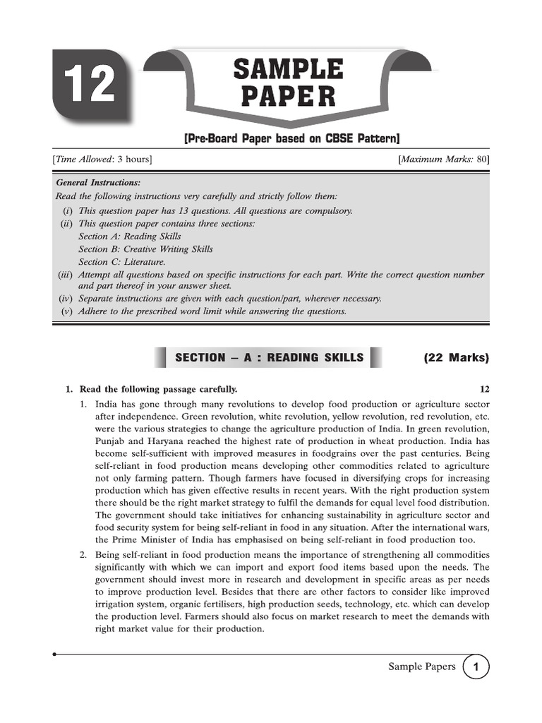 Cbse Cl12 Ead English Core 2026 Edition Pre-Board Paper 12 | PDF