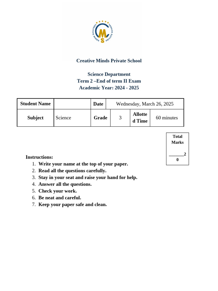 Grade 3 Science Exam - Term 2 2025 | PDF | Plants | Root