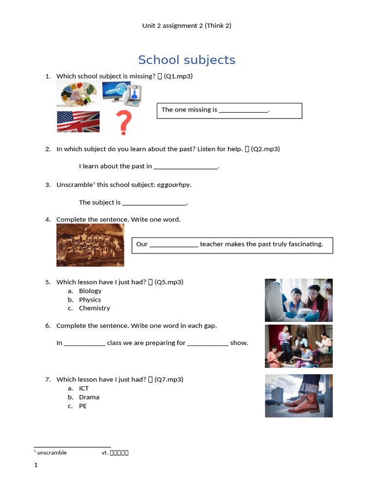 School Subjects and Activities Assignment | PDF