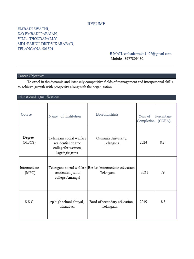 Resume of Embadi Swathi - MSCS Graduate | PDF