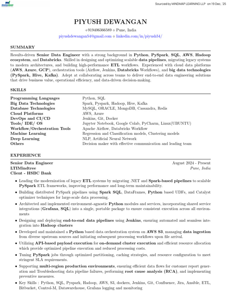 Senior Data Engineer Resume Summary | PDF | Apache Spark | Amazon Web ...