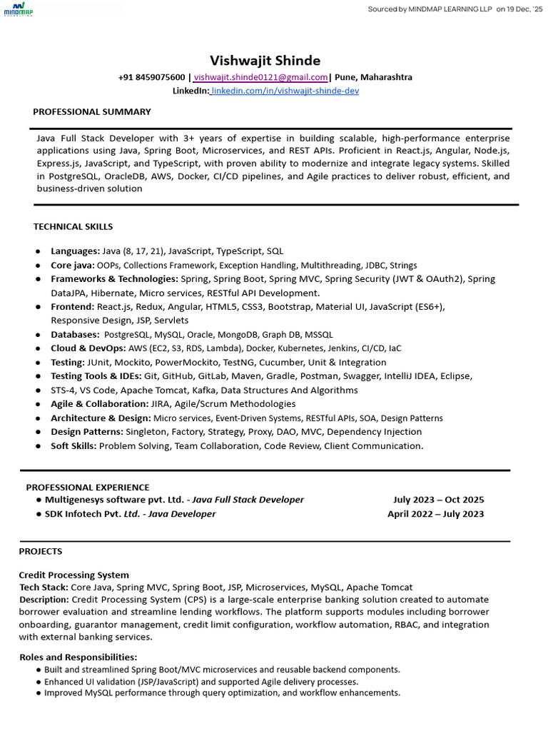 Vishwajit Sambhaji Shinde - FullStack Developer | PDF | Java ...