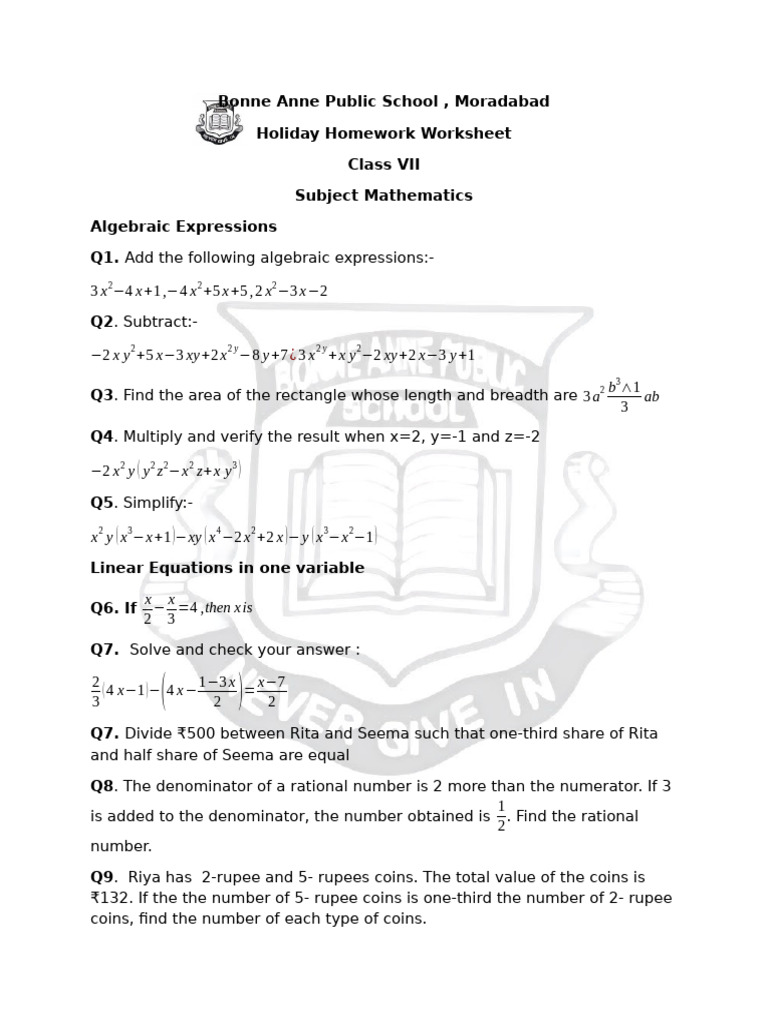 Maths Winter Break Worksheet Class VII | PDF