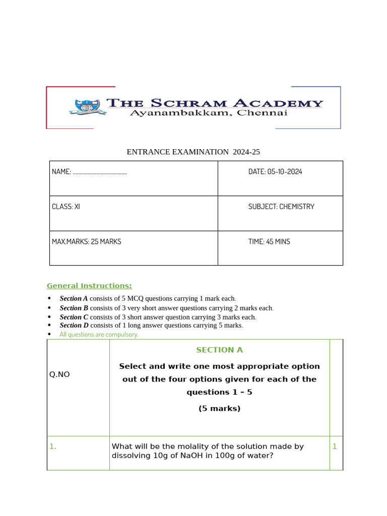 Chemistry Entrance Exam 2024-25 | PDF | Mole (Unit) | Chemical Reactions