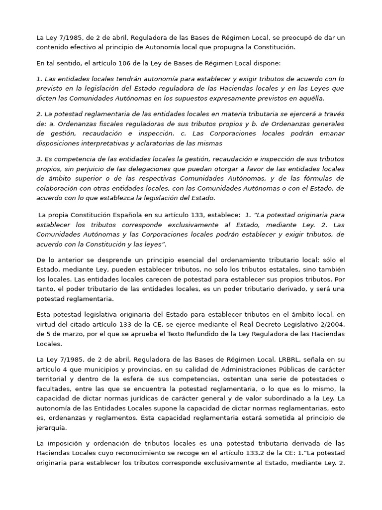 Potestad Tributaria Local en España | PDF | Regulación | Estado (política)