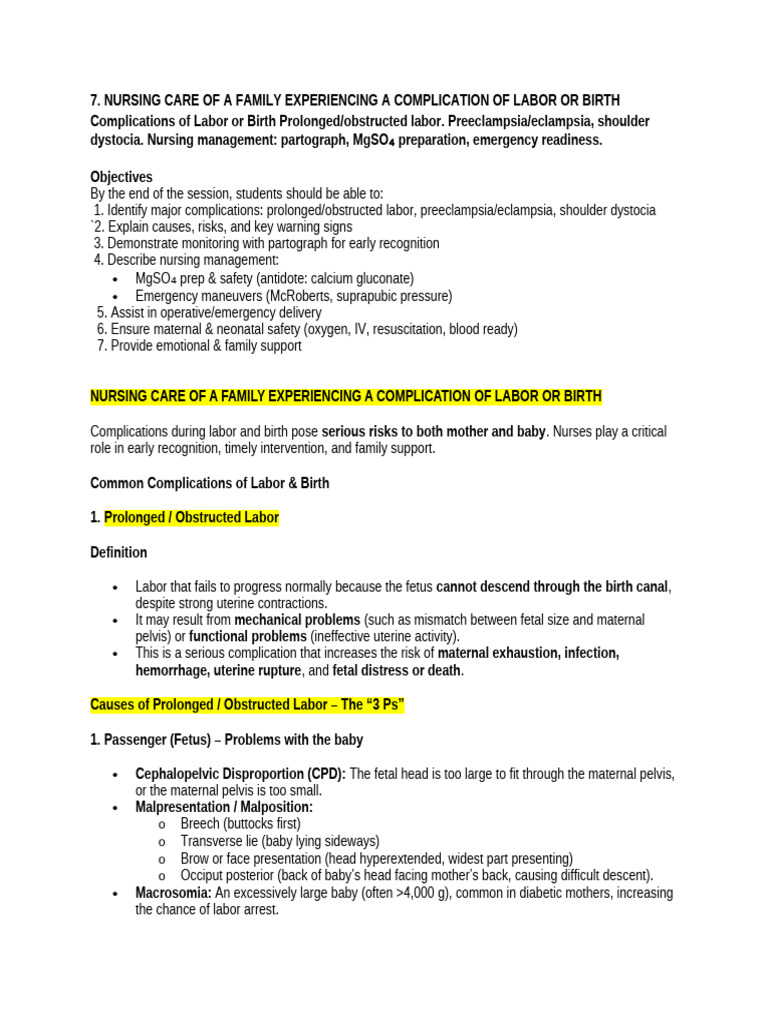 Nursing Care of A Family Experiencing A Complication of Labor or Birth ...