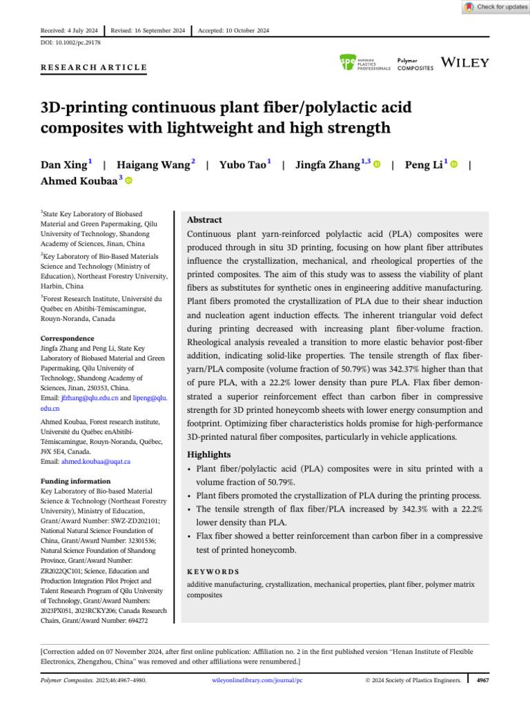 Polymer Composites - 2024 - Xing - 3D Printing Continuous Plant Fiber ...