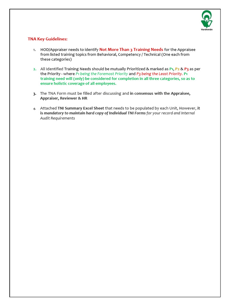 TNA Guidelines for Training Needs Assessment | PDF