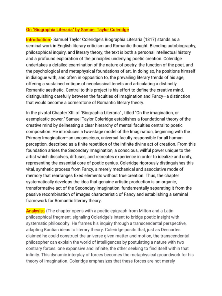 Coleridge's Imagination Theory Explained | PDF | Imagination | Samuel ...