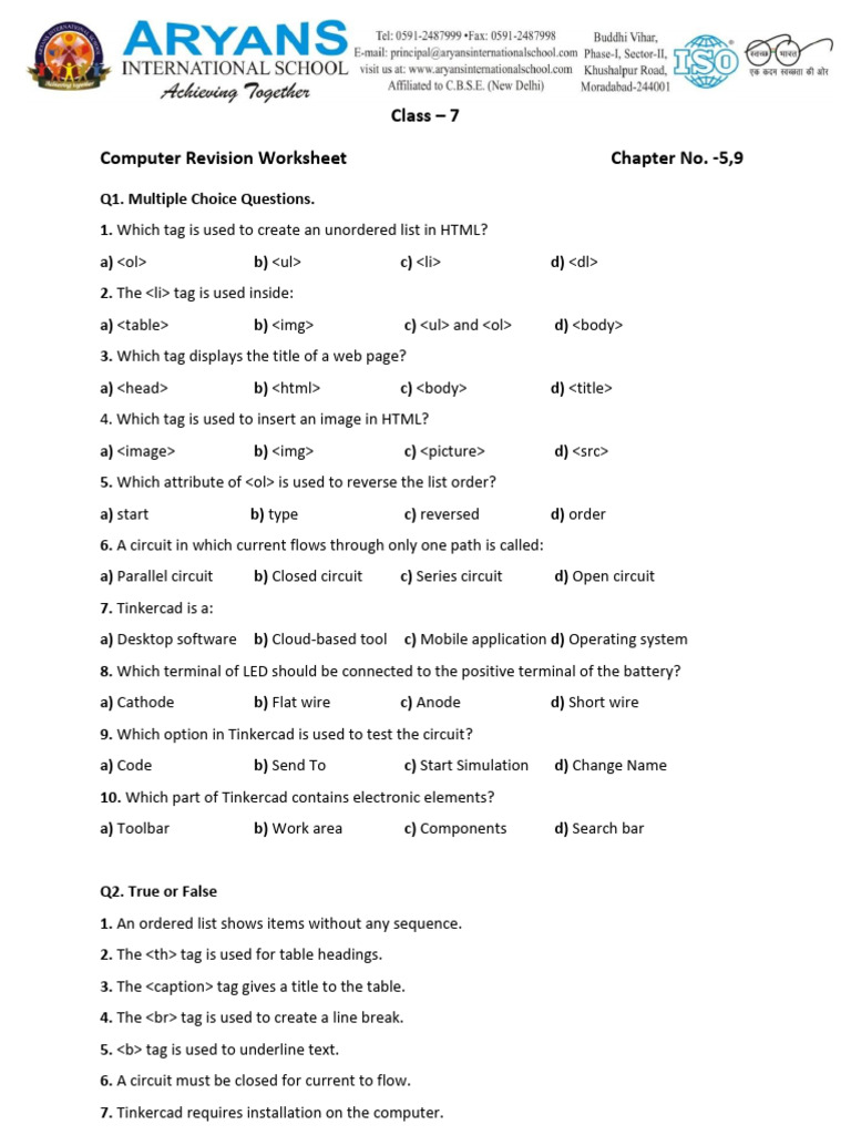 Class 7 Computer Revision Worksheet Chapter No. - 5,9 | PDF | Tag ...