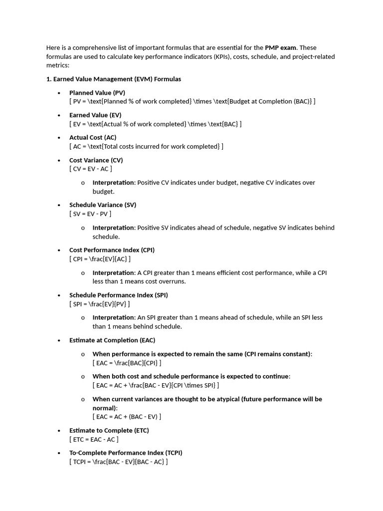 Essential Formulas for PMP Exam Success | PDF | Business