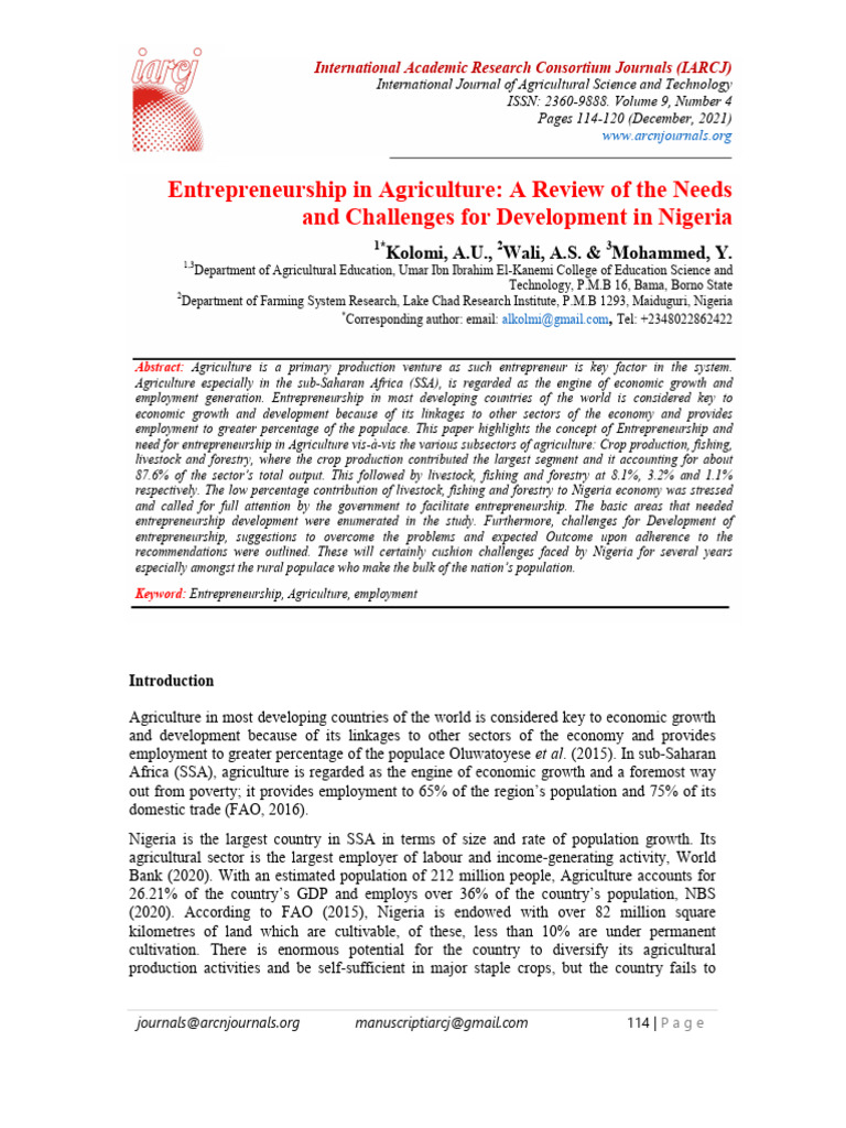 Entrepreneurship in Agriculture: A Review of The Needs and Challenges ...