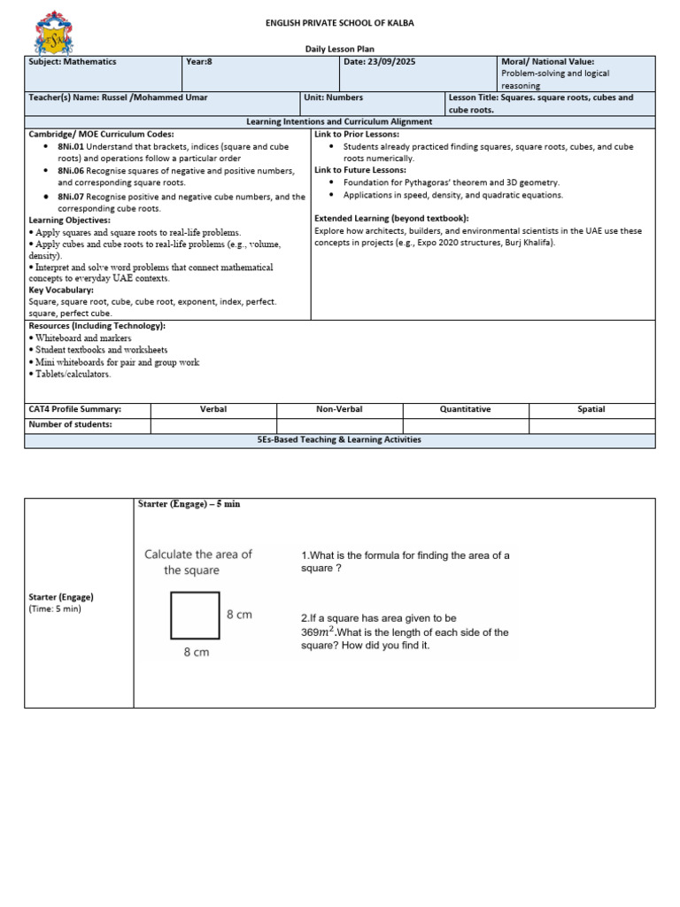 8th Grade Math: Squares & Roots Lesson Plan | PDF | Square Root ...