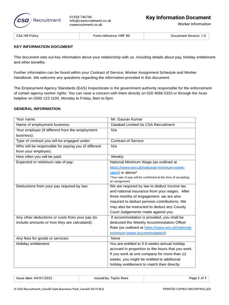 CSA Recruitment Worker Information Guide | PDF | Employment | Tax Deduction