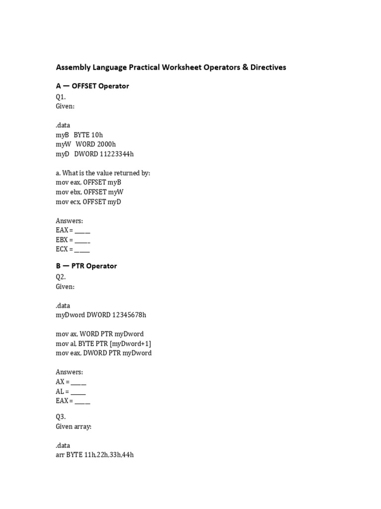 Assembly Language Operators Worksheet | PDF