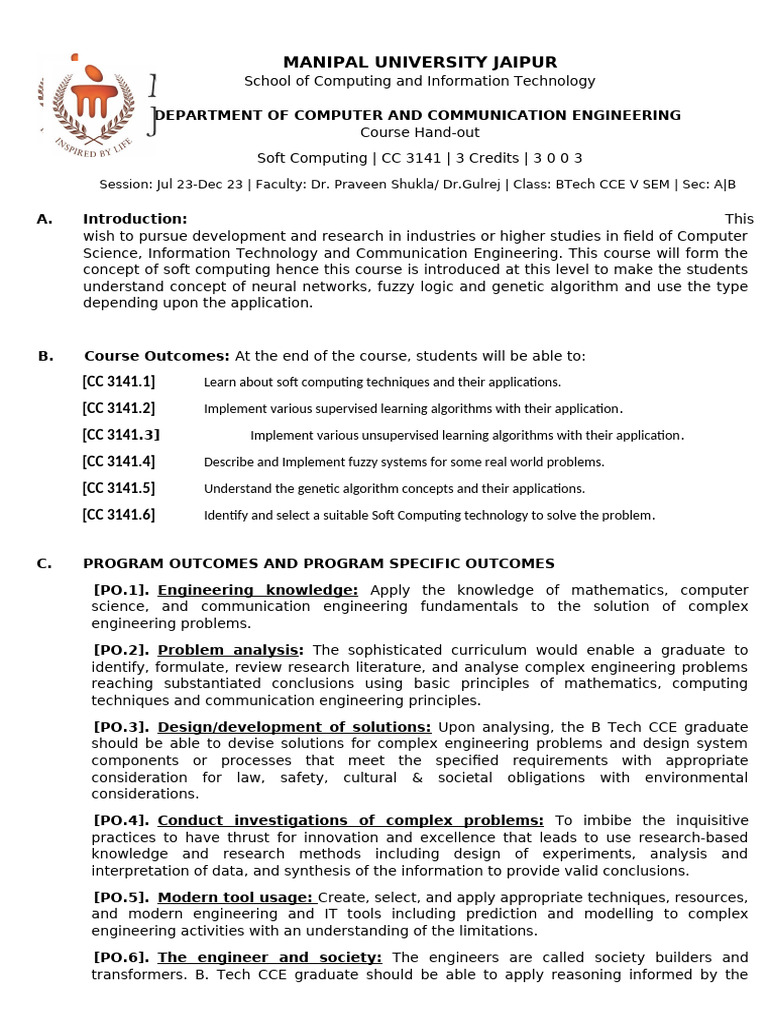 Soft Computing Course Overview and Outcomes | PDF | Fuzzy Logic ...
