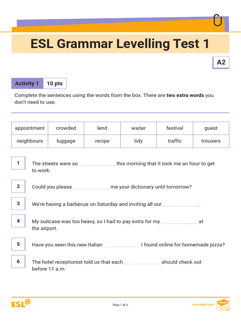 A2 ESL Grammar Test Activities | PDF | English As A Second Or Foreign ...