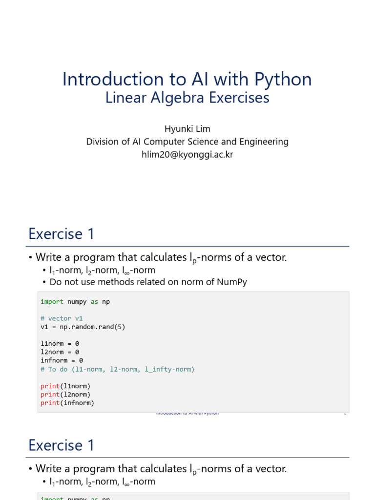 Python AI: Linear Algebra Exercises | PDF | Norm (Mathematics ...