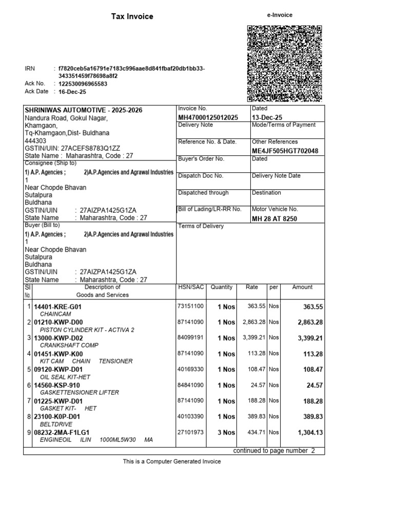 Tax Invoice for Shriniwas Automotive | PDF | Rotating Machines ...