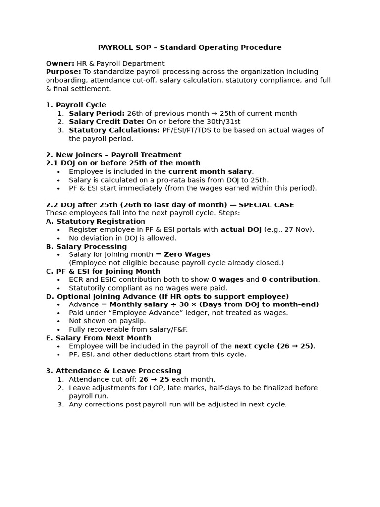 Payroll SOP: Standard Operating Procedure | PDF | Payroll | Salary