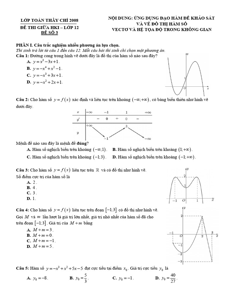 Đề Ôn Tập Giữa Học Kì I - Lớp 12 - Đề 3 | PDF