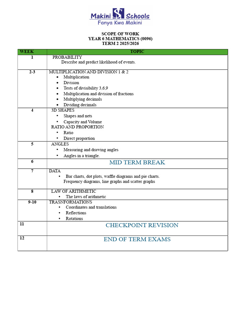 Year 6 Math Scope: Term 2 Topics | PDF