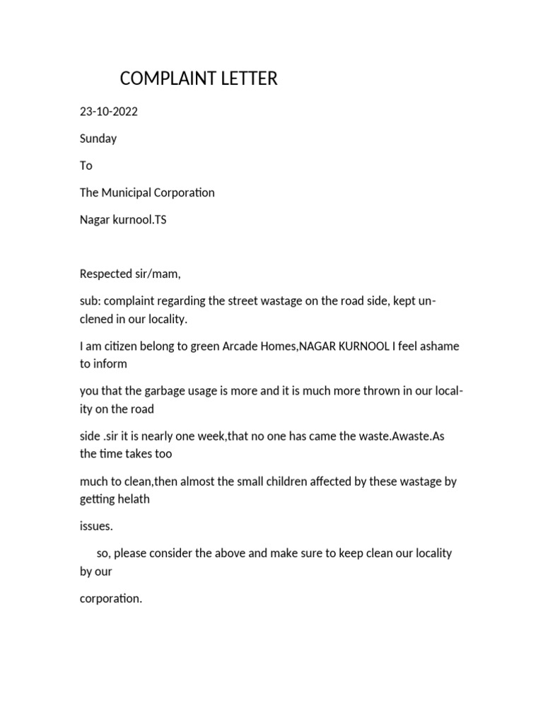 Complaint About Local Garbage Issues | PDF