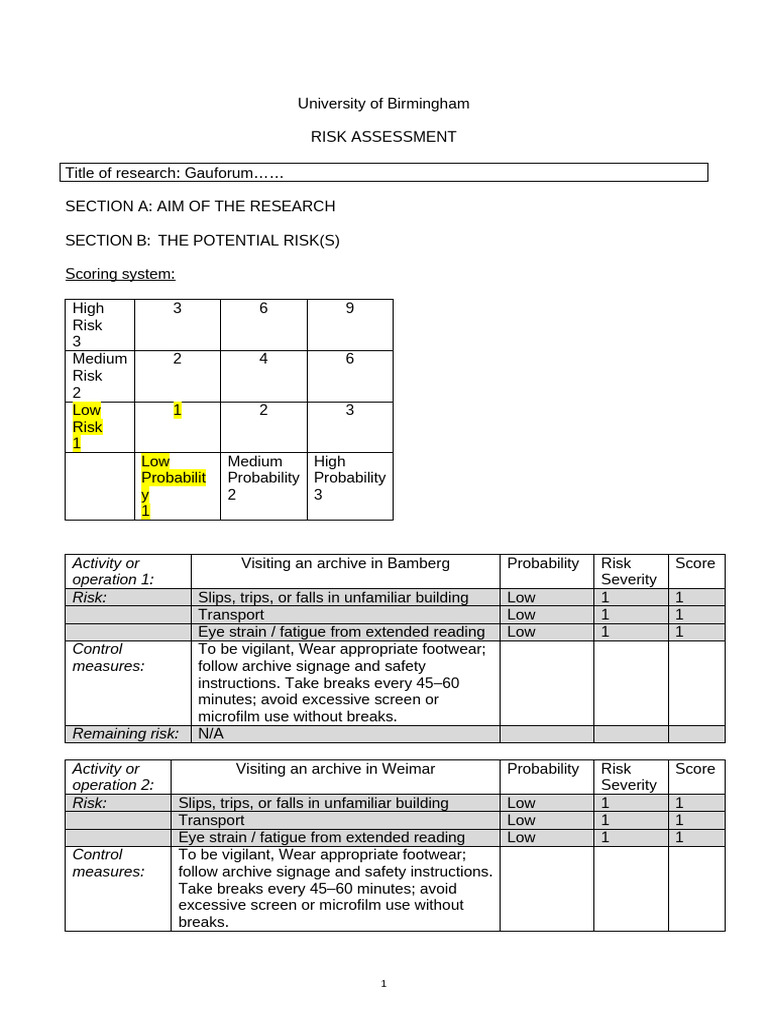 Study Specific Risk Assessment Template | PDF