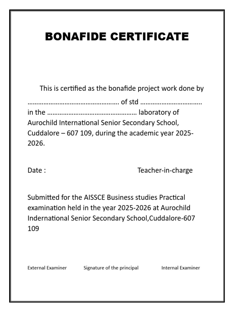 Bonafide Certificate for AISSCE Project | PDF