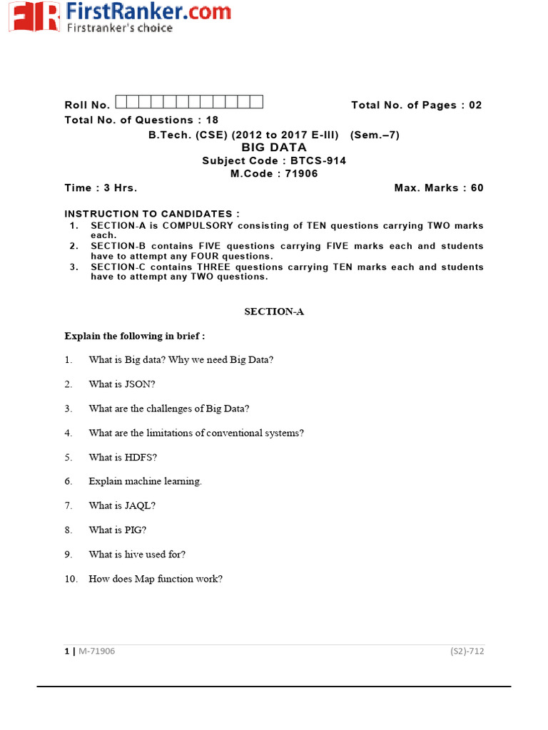 Big Data Exam Paper for B.Tech CSE | PDF | Data | Information Retrieval