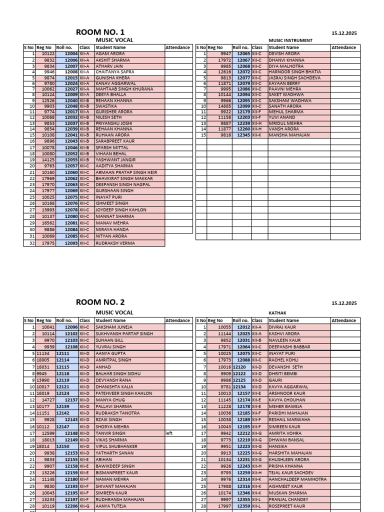 Class 12 Seating Plan 15.12.2025 New | PDF