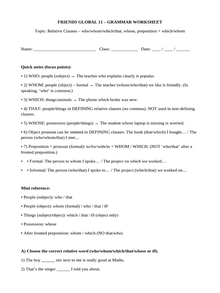 Relative Clauses Grammar Worksheet | PDF | Linguistic Morphology ...