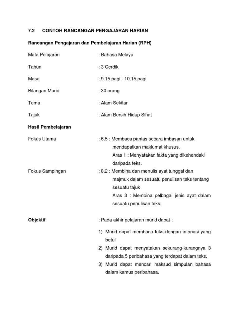 Contoh Rancangan Pengajaran Harian