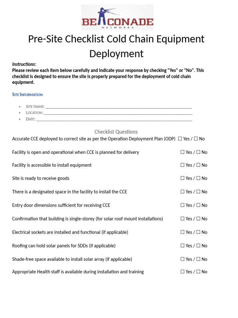 Pre Site Checklist. - 094513 | PDF