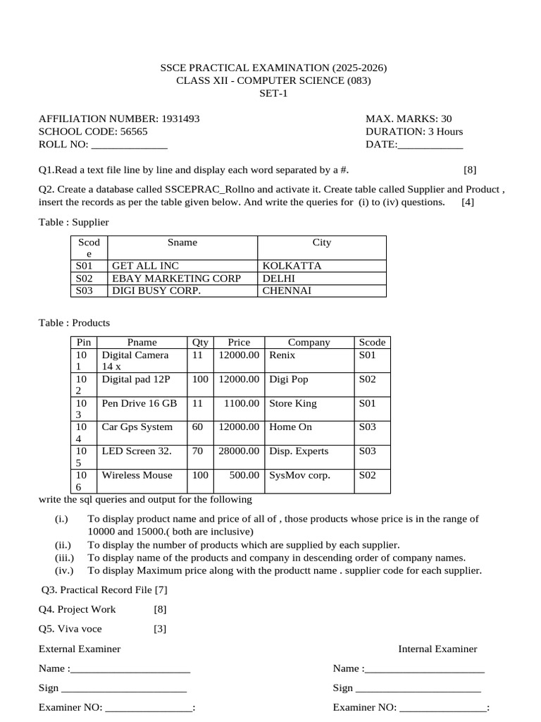 SSCE Computer Science Practical Exam 2025-26 | PDF | Data Management ...