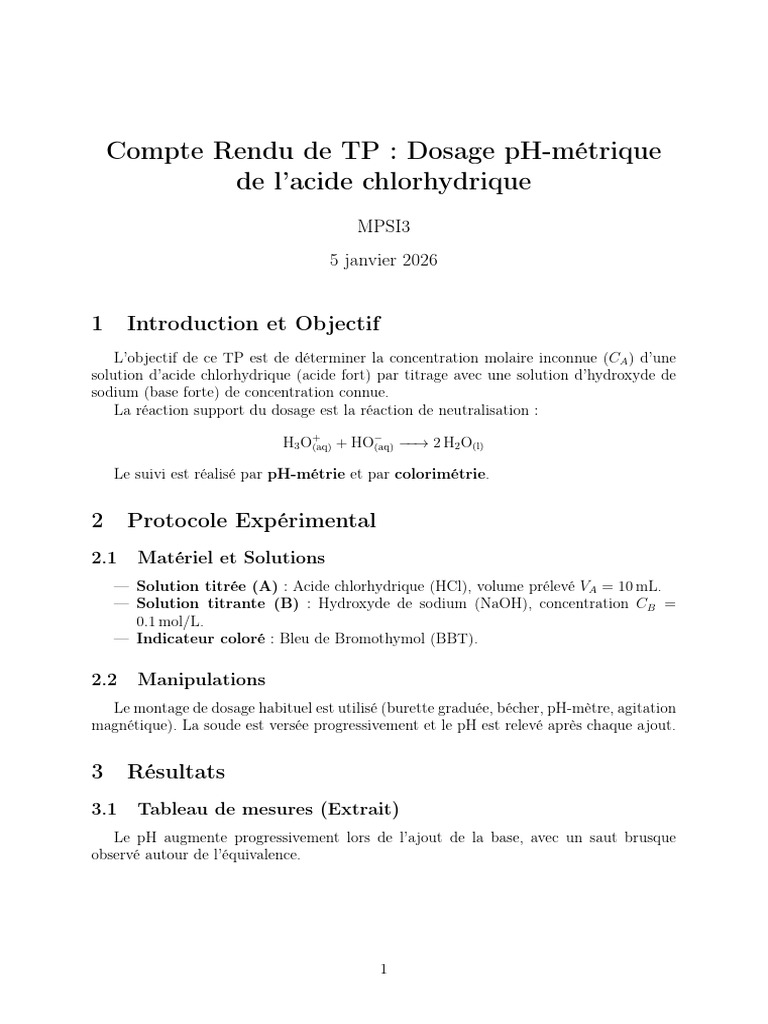 Dosage pH-métrique de l'HCl par NaOH | PDF | Titrage | Chimie