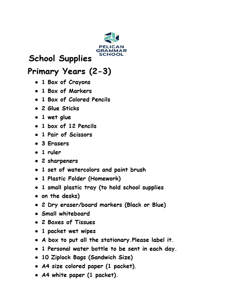 Essential School Supplies List for Kids | PDF