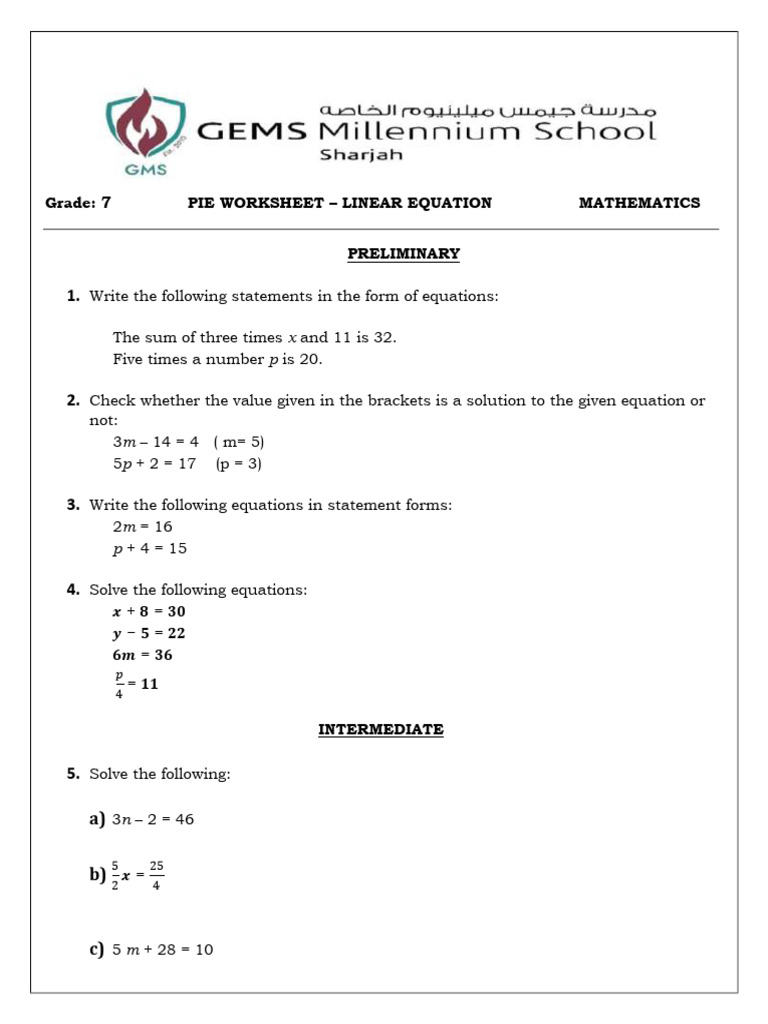 7th Grade Linear Equations Worksheet | PDF