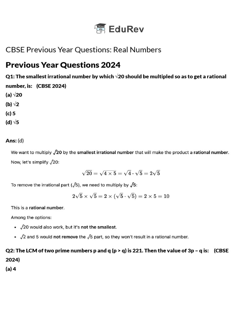 CBSE 2024 Real Numbers Question Bank | PDF | Quadratic Equation | Numbers