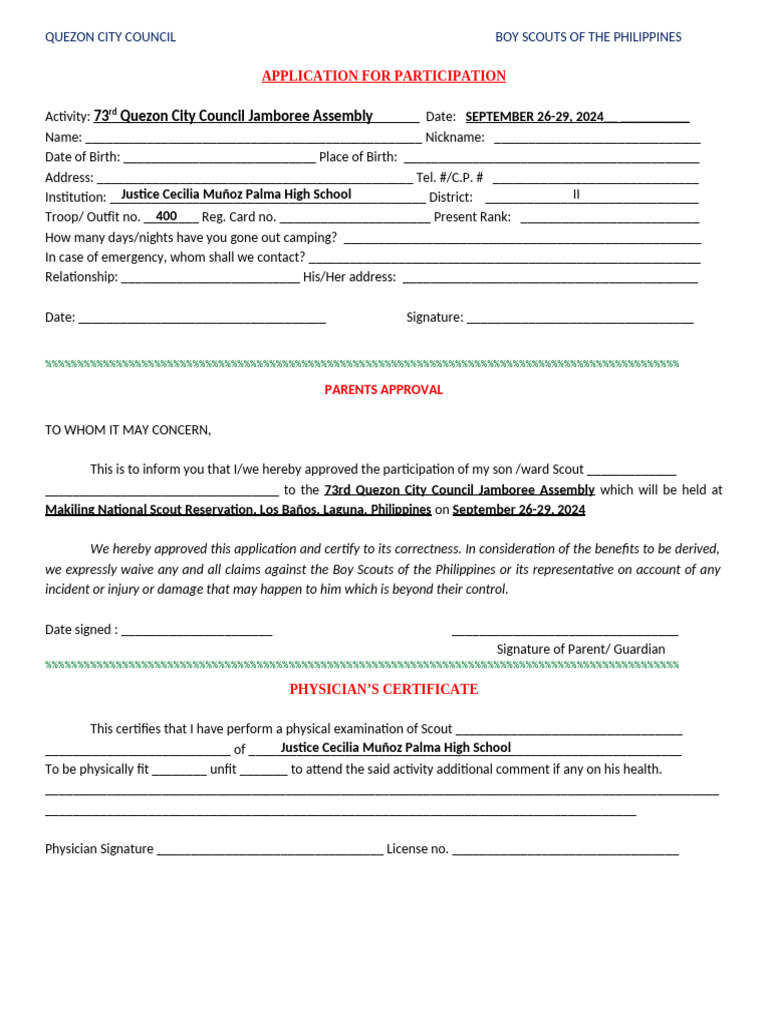 QC BSP Council Jamboree 2024 Appl. For Part | PDF | Girl Guiding And ...